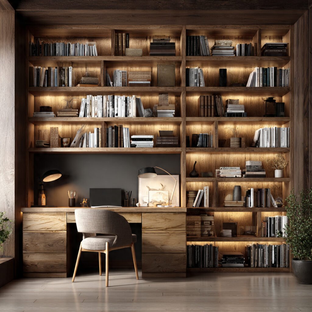 30 Aesthetic Home Office Desk Setup Ideas for Productivity 22 Bookshelf Integrated Desk Setup Ideas