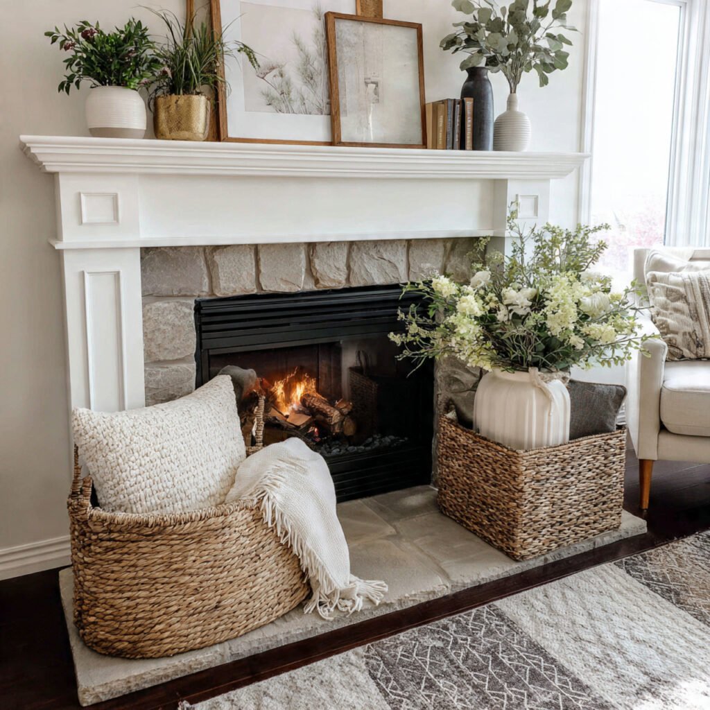 27 Spring Fireplace Ideas to Brighten Your Mantel 23 Woven basket decor ideas