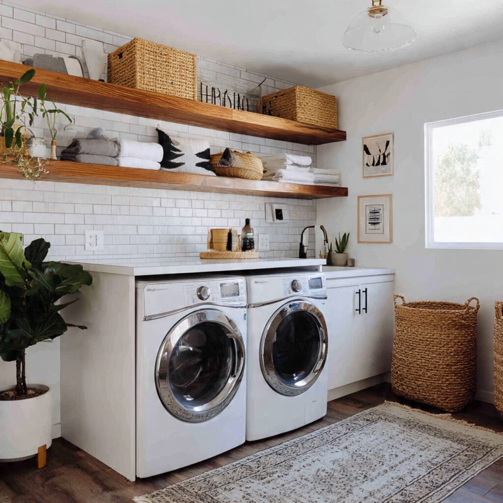 32 Stunning Laundry Room Makeover Ideas 2026 for Stylish Homes 21 Laundry Room Makeover Ideas with Floating Shelves