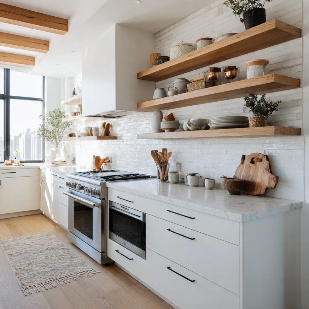 White Kitchen Cabinets with Open Shelving Style