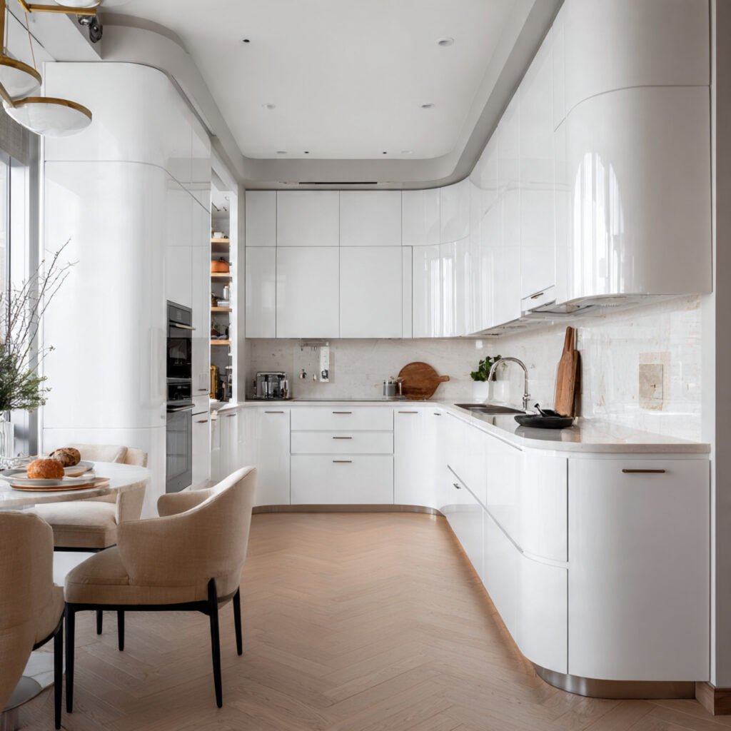 White Kitchen Cabinets with Curved Design Elements