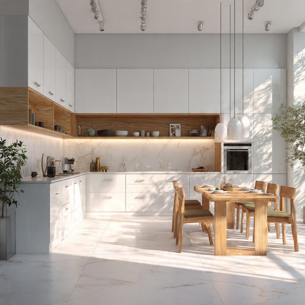 White Kitchen Cabinets with Natural Wood Accents