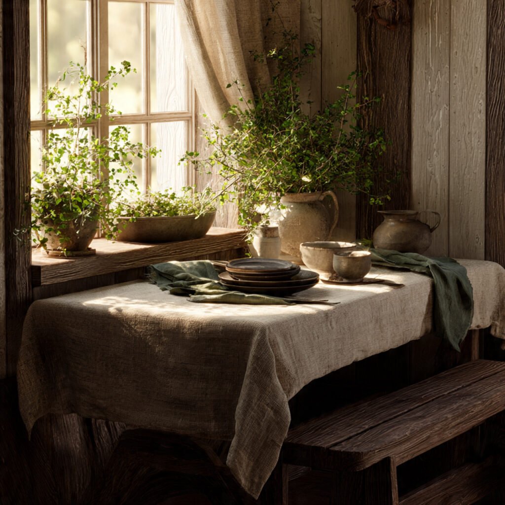 Farmhouse Table with Linen Tablecloth Ideas