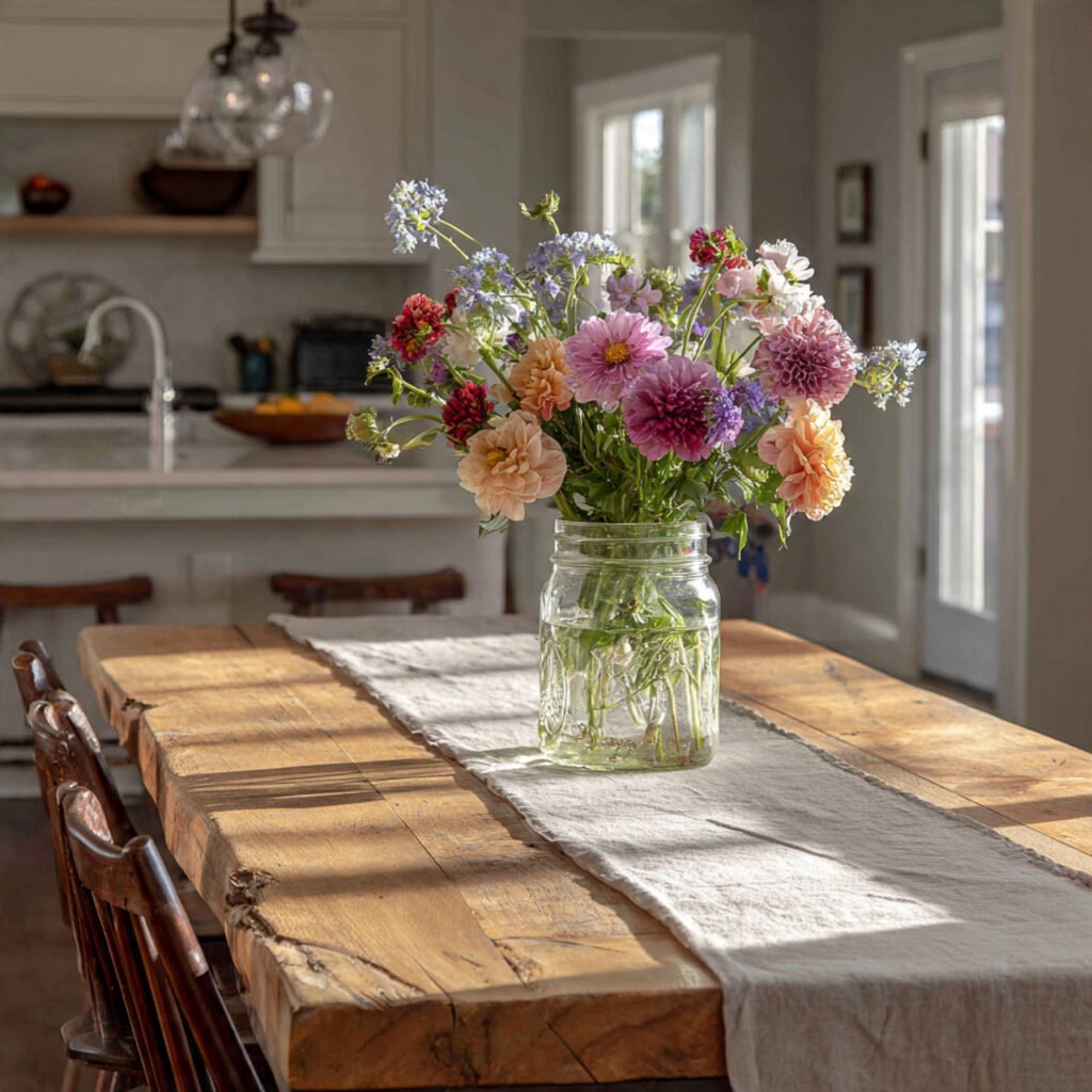 Farmhouse Kitchen Table with Floral Arrangements Ideas
