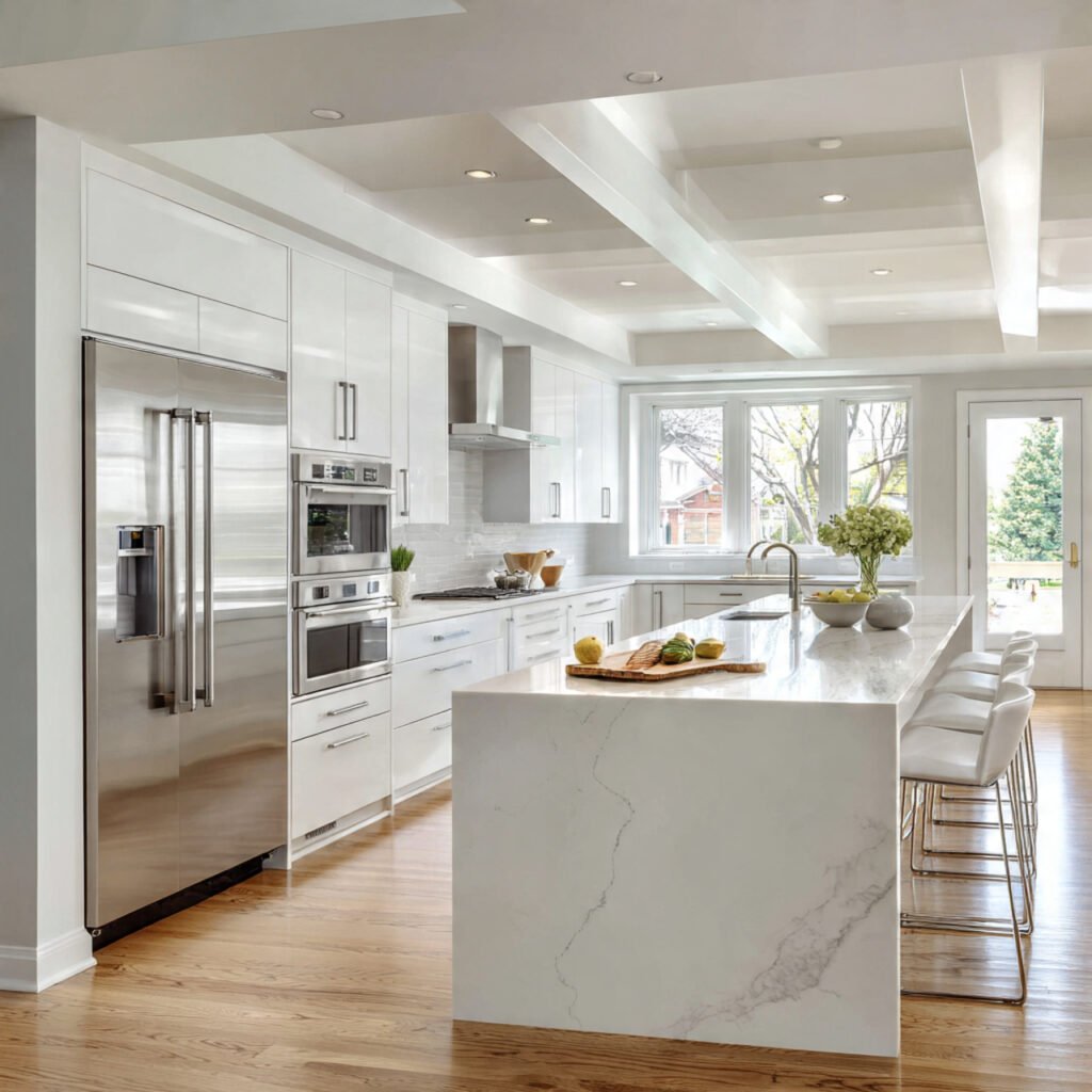 White Kitchen Cabinets with Integrated Appliances