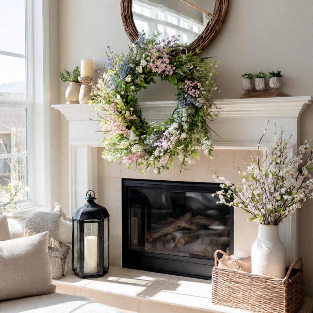 27 Spring Fireplace Ideas to Brighten Your Mantel 13 Wreath above mantel ideas