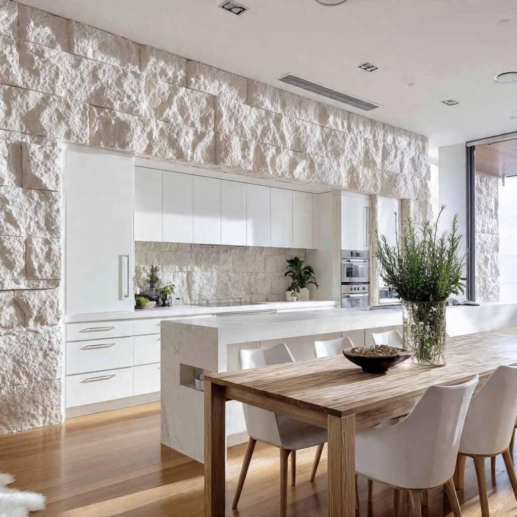 White Kitchen Cabinets with Stone Feature Walls