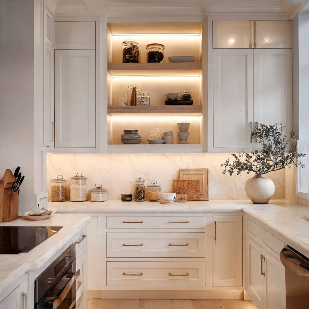 White Kitchen Cabinets with Warm Lighting Ambience