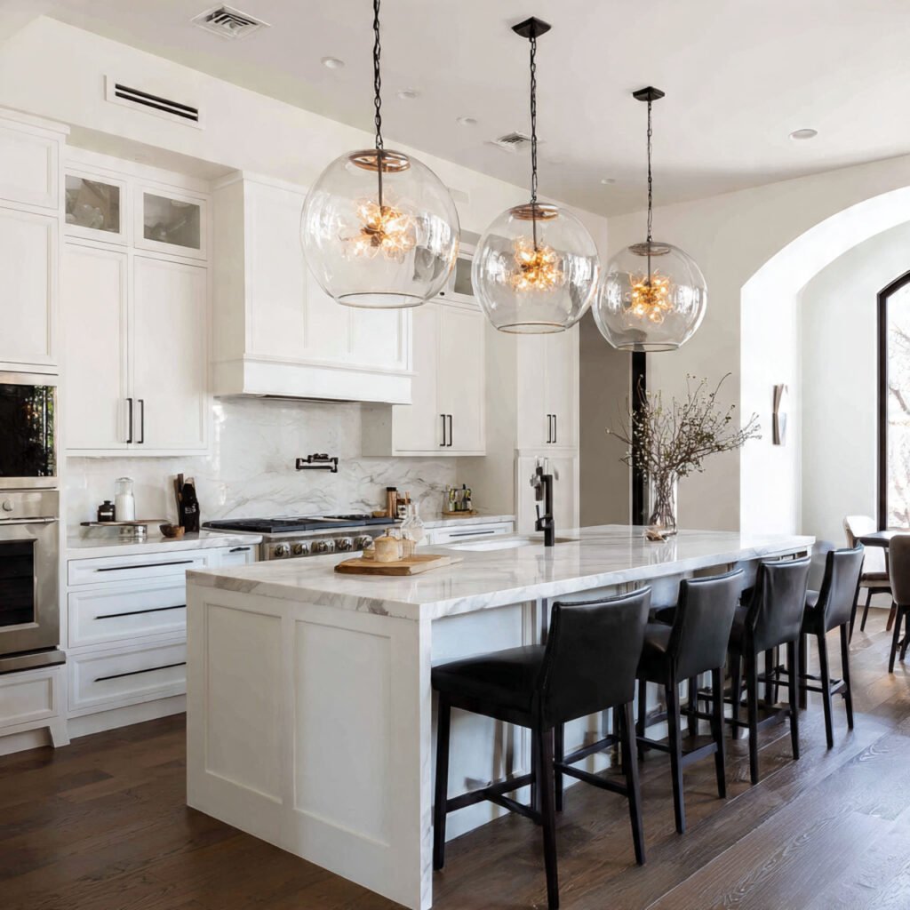 White Kitchen Cabinets with Statement Lighting Ideas