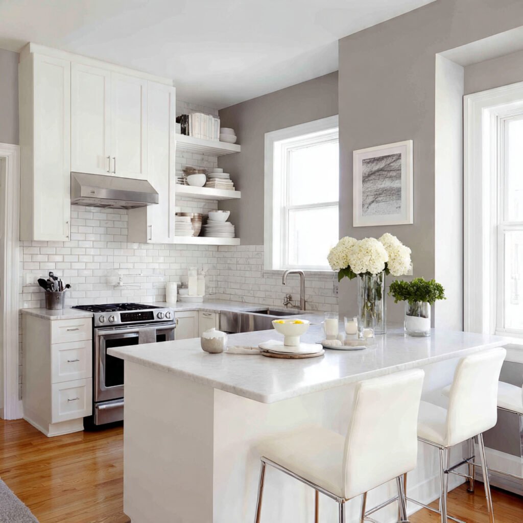 White Kitchen Cabinets with Soft Gray Accents