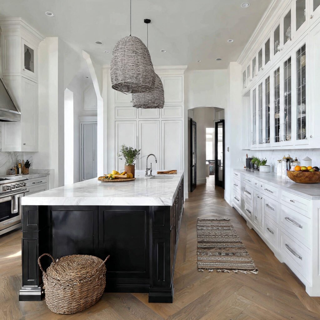 White Kitchen Cabinets with Bold Island Contrast