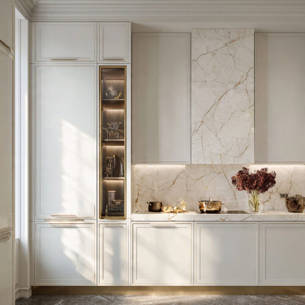 White Kitchen Cabinets with Subtle Veining Details