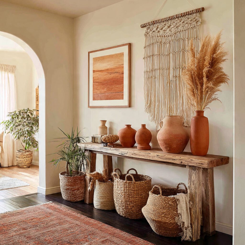 27 Stunning Entryway Table Ideas for Modern and Cozy Homes 16 a boho style entryway with a wooden console table