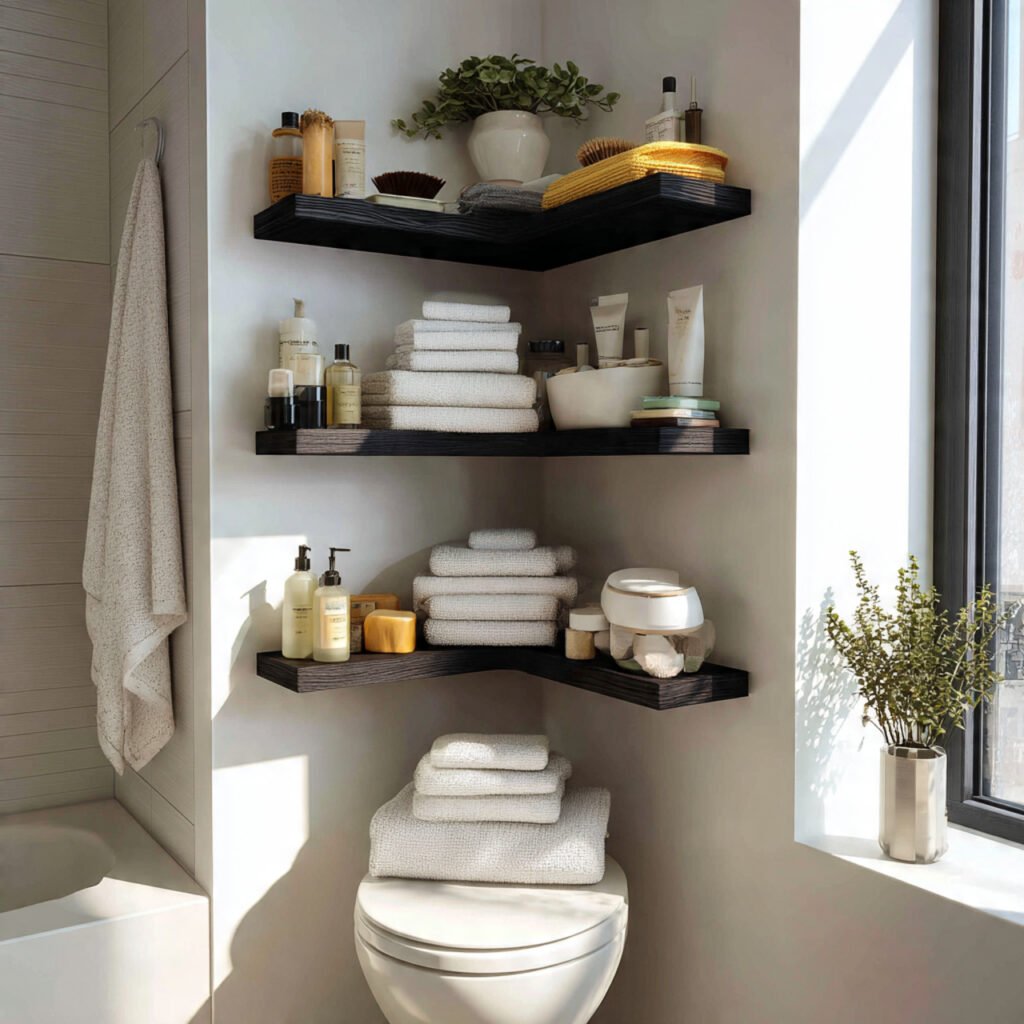 21 DIY Bathroom Shelving Ideas for Modern and Rustic Bathrooms 6 Corner Bathroom Shelf Decor Ideas