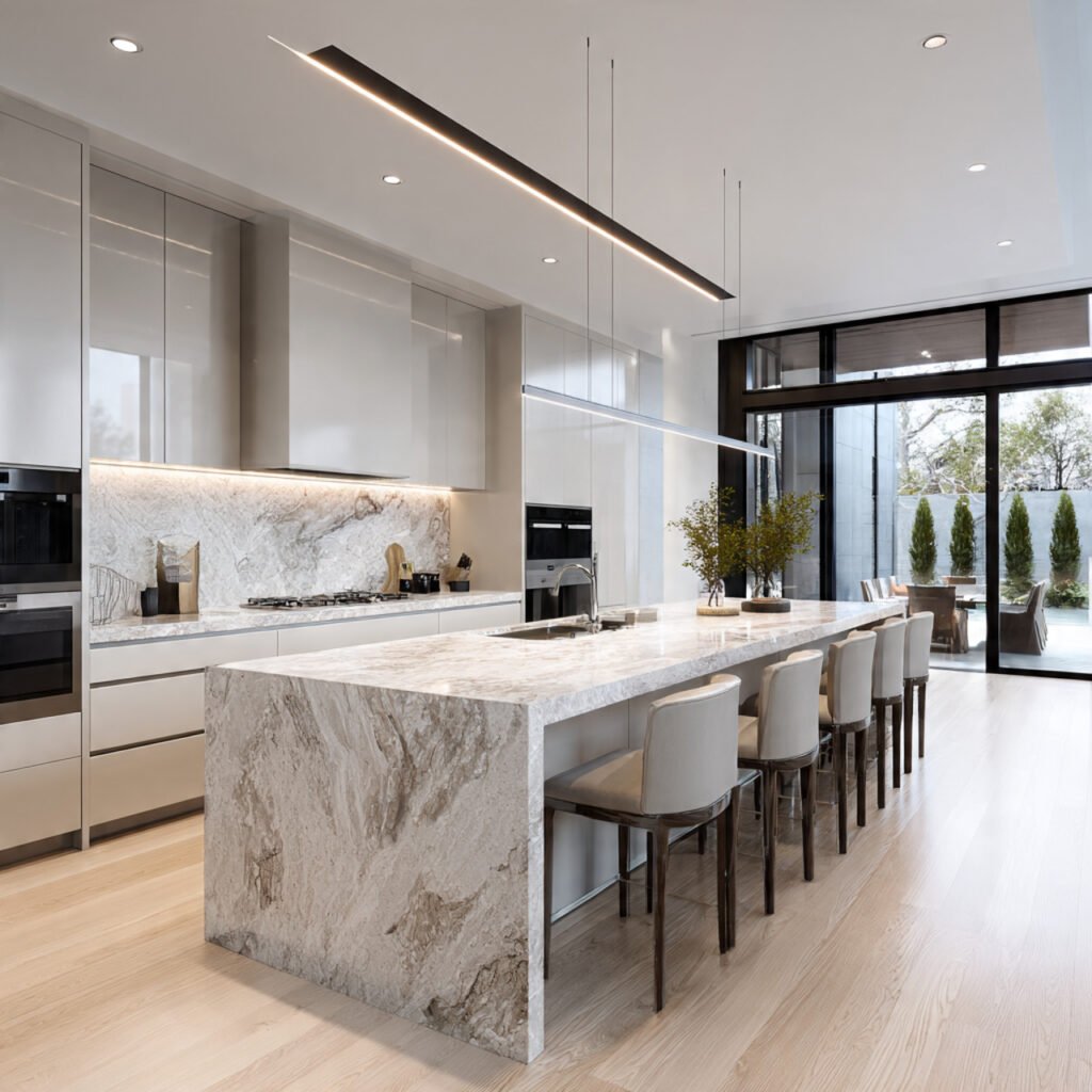 a contemporary kitchen layout with clean lines int