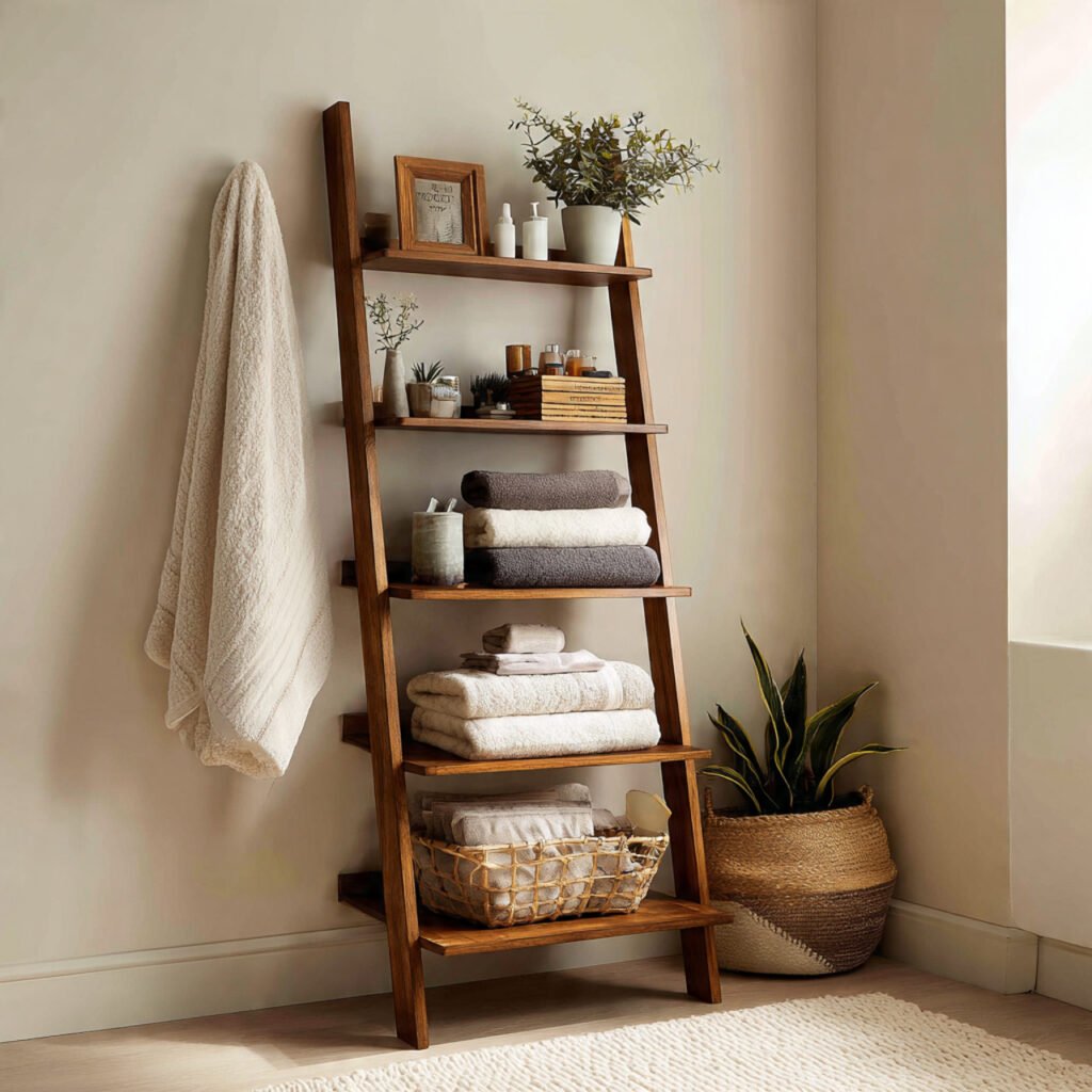 21 DIY Bathroom Shelving Ideas for Modern and Rustic Bathrooms 9 Ladder Style Bathroom Shelf Ideas