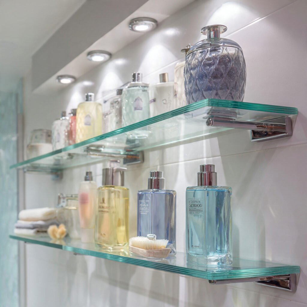 21 DIY Bathroom Shelving Ideas for Modern and Rustic Bathrooms 12 Glass Bathroom Shelf Decor Ideas