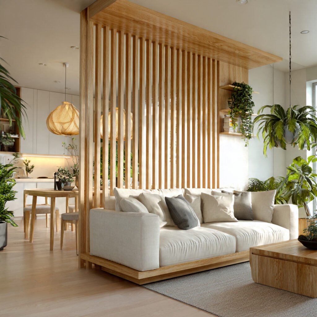 Wooden Slat Living Room Partition Ideas