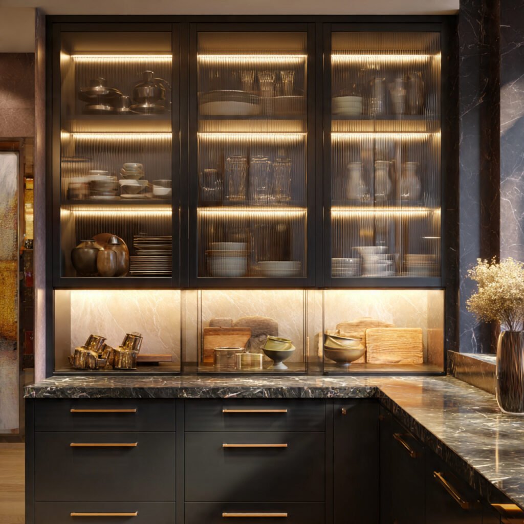 a stylish kitchen with glass front cabinets displa