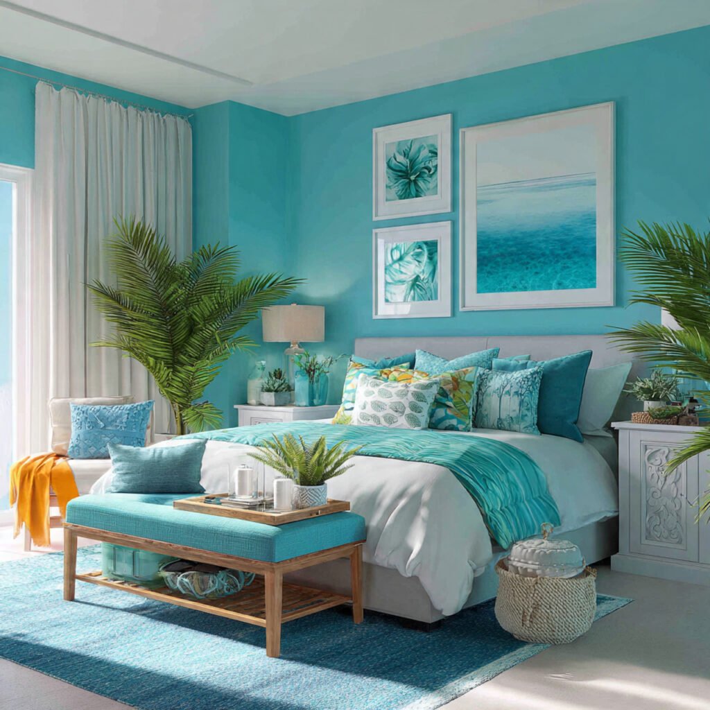 a vibrant bedroom with aqua and turquoise tones br