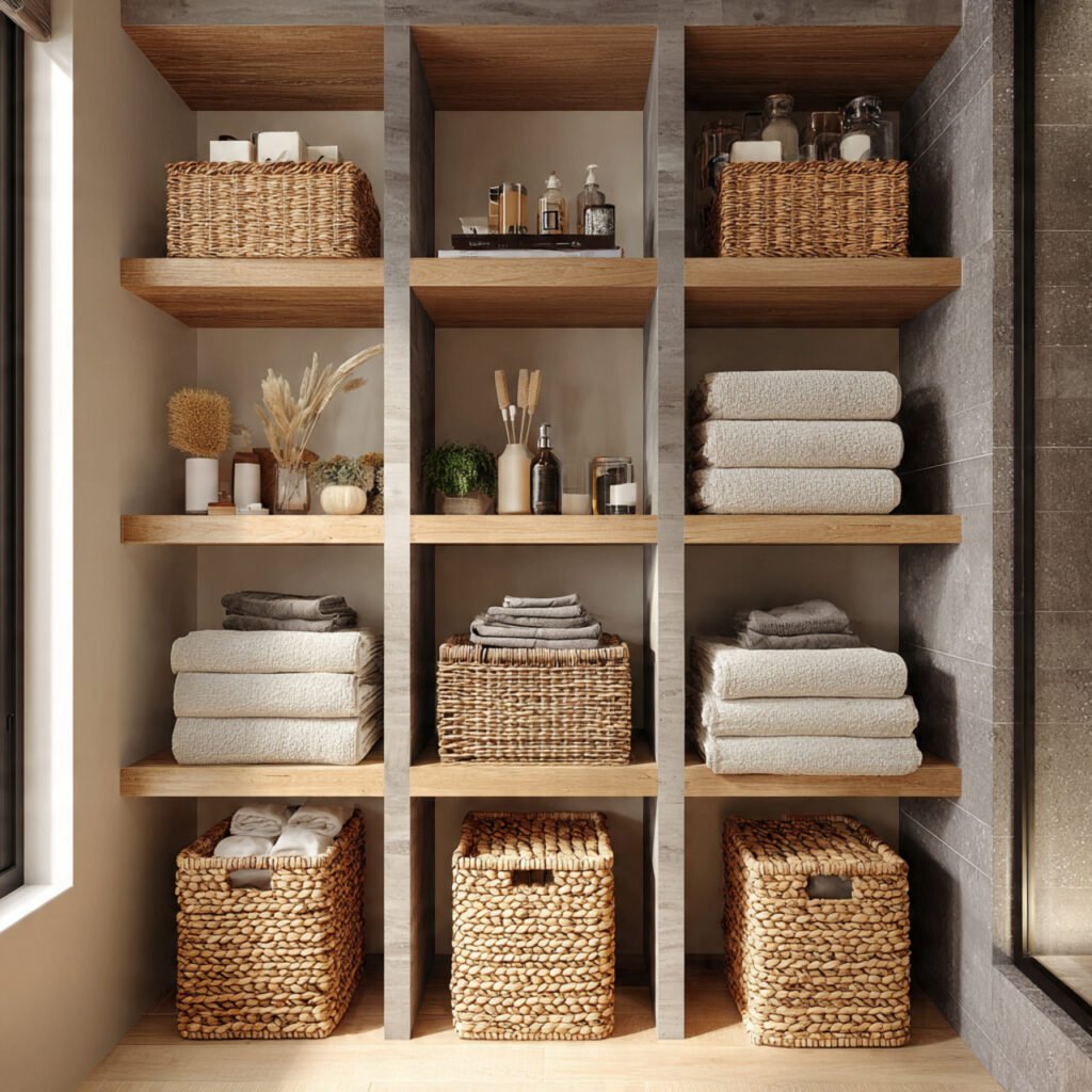 21 DIY Bathroom Shelving Ideas for Modern and Rustic Bathrooms 17 Basket Storage Shelf Bathroom Ideas