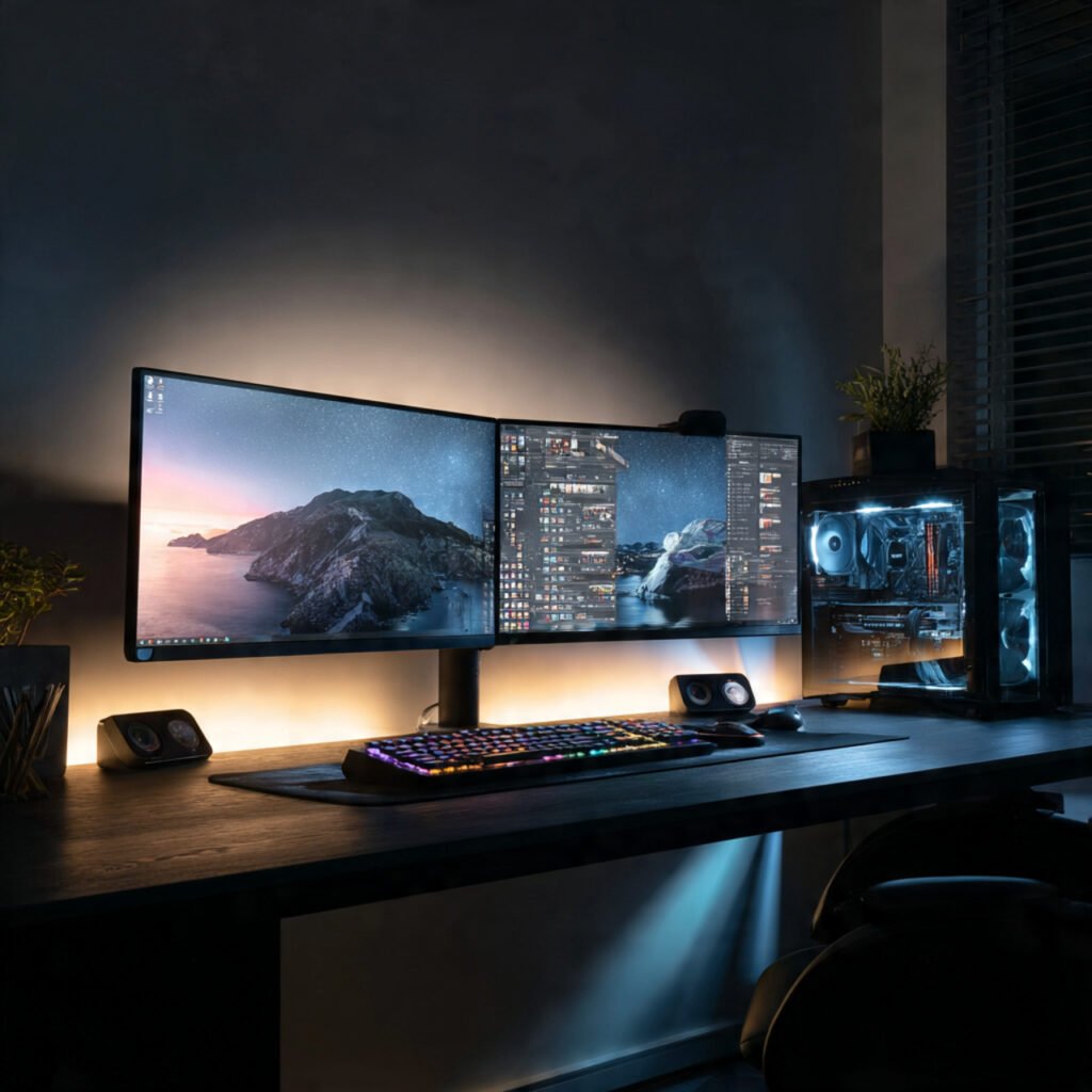 20 Home Office Black Desk Ideas for Every Style and Every Space 11 Black Desk Dual Monitor Setup Ideas