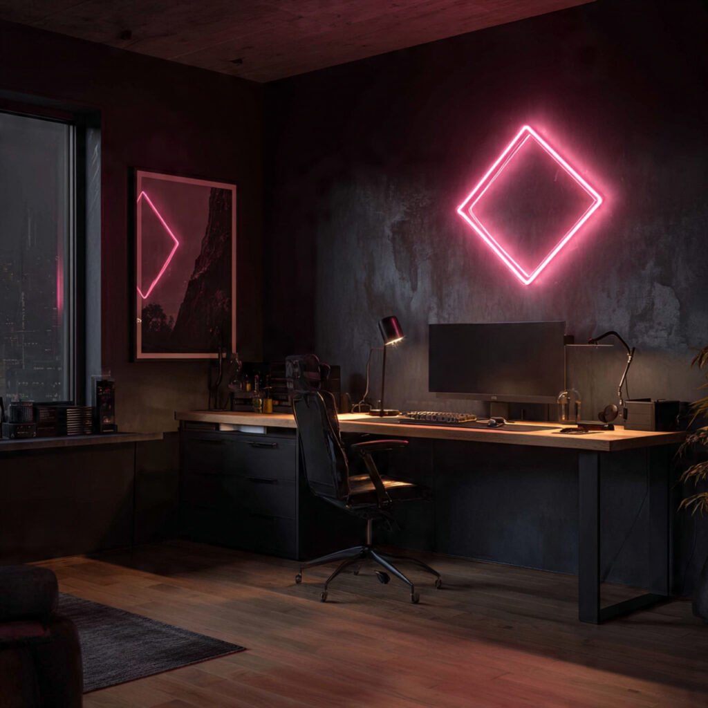 20 Home Office Black Desk Ideas for Every Style and Every Space 18 Black Desk With Neon Sign Ideas