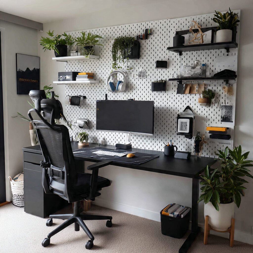 20 Home Office Black Desk Ideas for Every Style and Every Space 9 Black Desk With Pegboard Wall Ideas