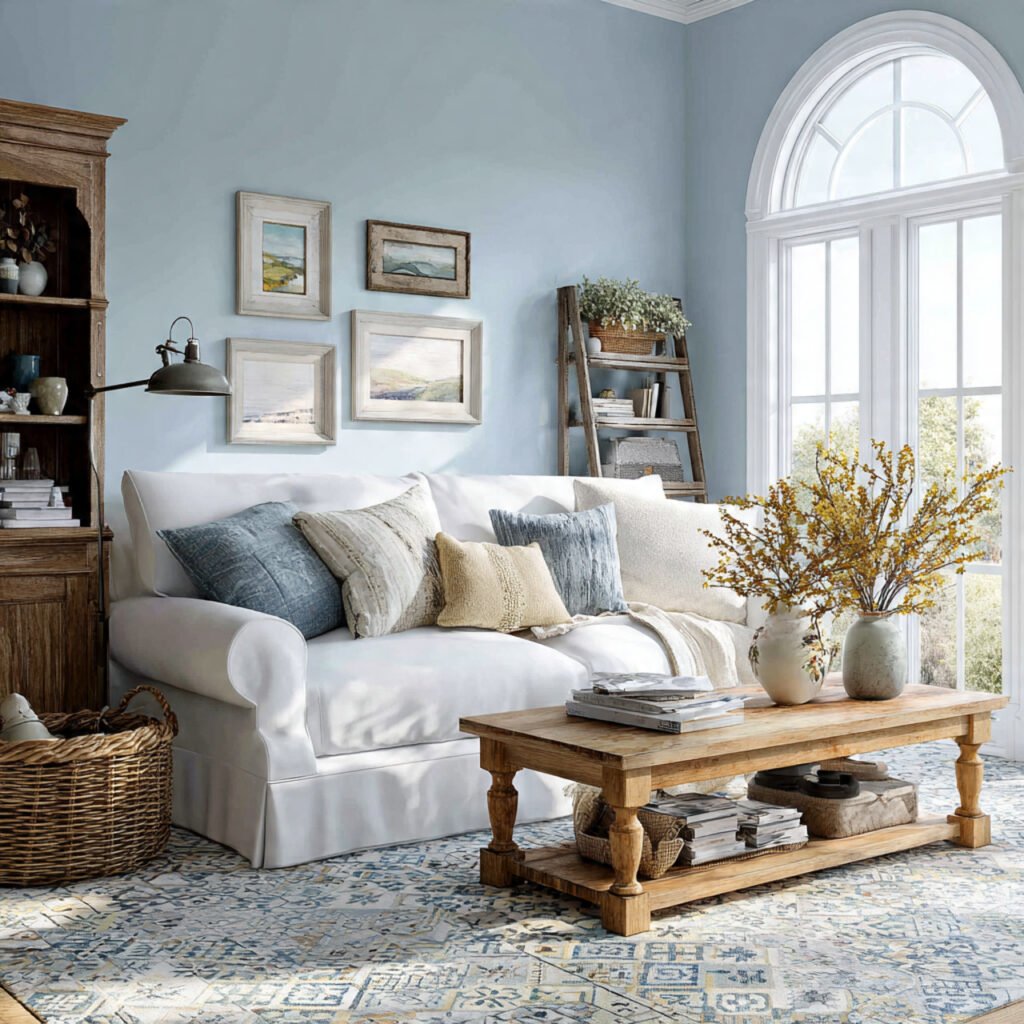 20 Stunning Farmhouse Living Room Colors Ideas for Rustic Style Homes 8 Soft Blue Country Style Color Ideas