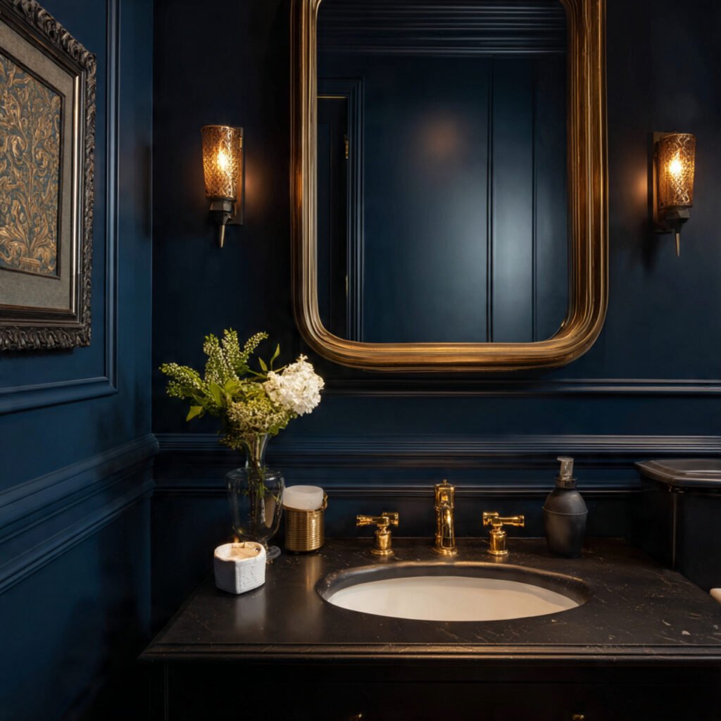 27 Gold Bathroom Decor Ideas for Every Style and Budget 14 Gold and Navy Blue Bathroom Ideas