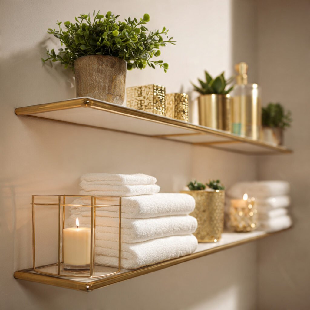 27 Gold Bathroom Decor Ideas for Every Style and Budget 20 Gold Bathroom Decor Shelf Ideas