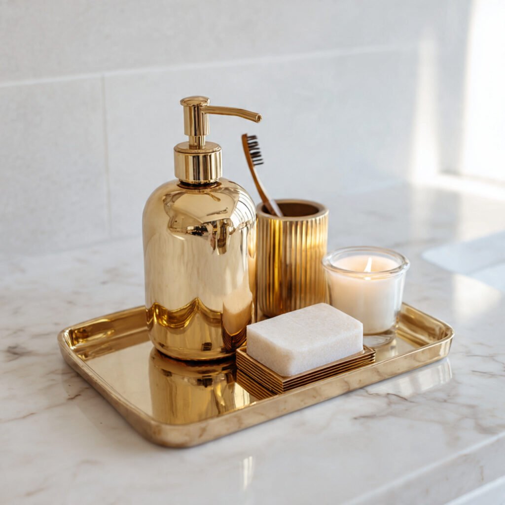 27 Gold Bathroom Decor Ideas for Every Style and Budget 23 Gold Soap Dispenser and Tray Ideas