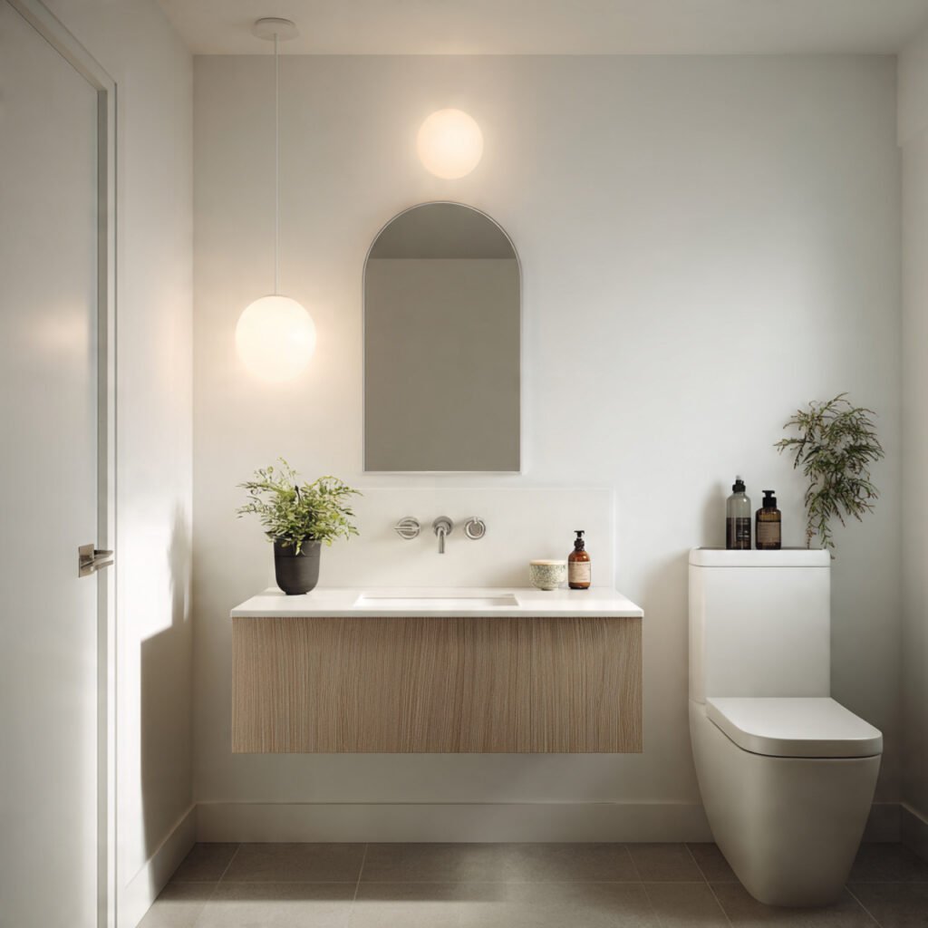 a clean minimalist bathroom with a single slim flu