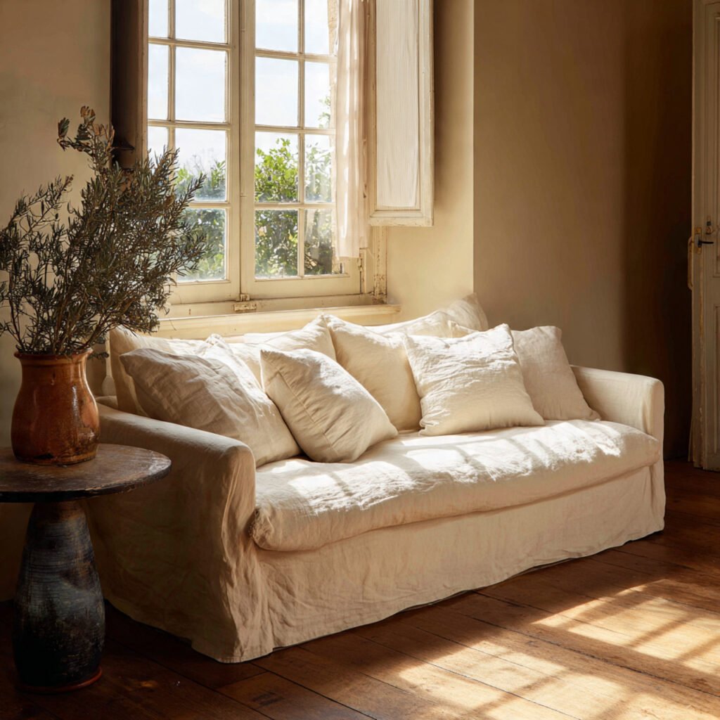 Distressed Linen Sofa