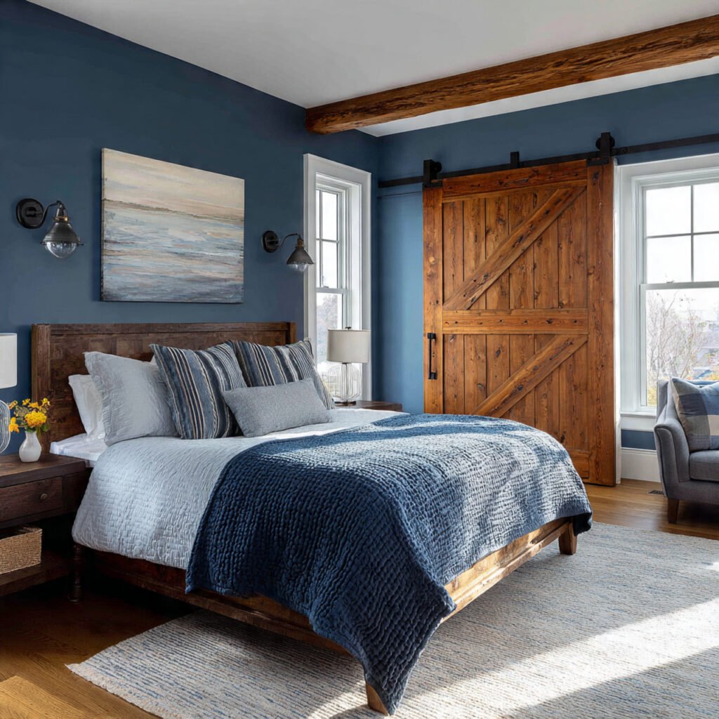 Blue Farmhouse Bedroom with Barn Door Ideas