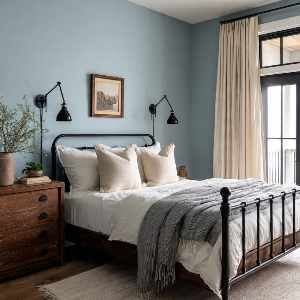 Blue Farmhouse Bedroom with Black Iron Accents Ideas