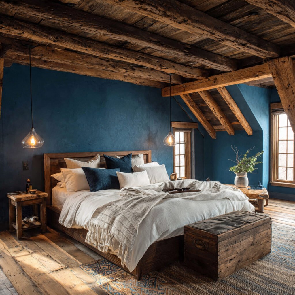 Blue Farmhouse Bedroom with Exposed Beams Ideas