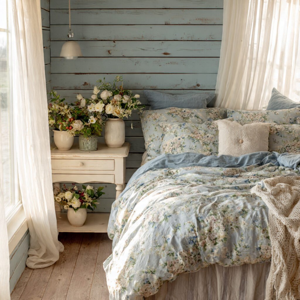 Blue Farmhouse Bedroom with Floral Bedding Ideas