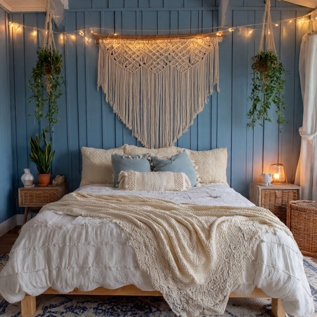 Blue Farmhouse Bedroom with Macrame Decor Ideas
