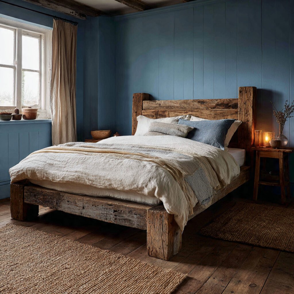 Blue Farmhouse Bedroom with Rustic Bed Frame Ideas