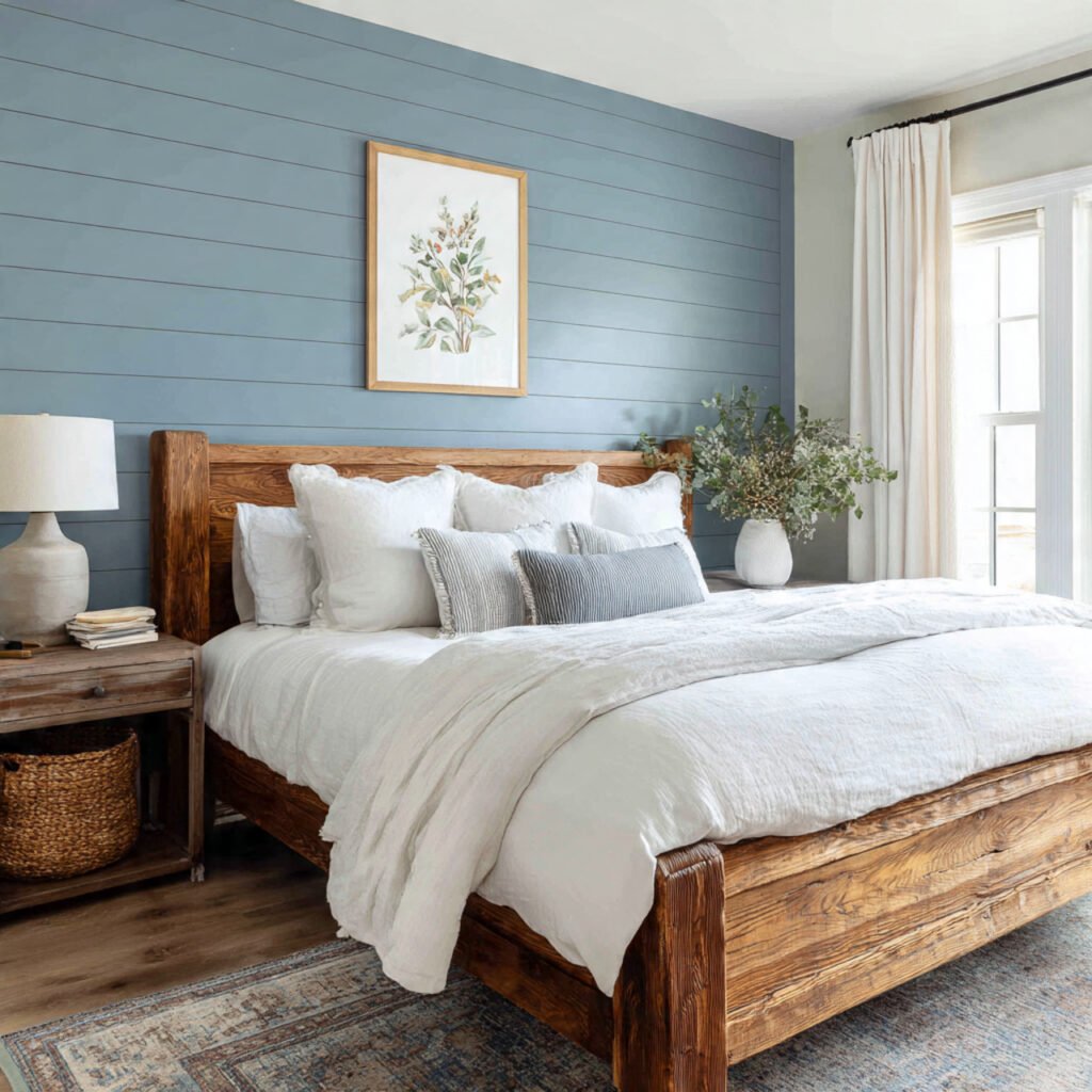Blue Farmhouse Bedroom with Shiplap Accent Wall Ideas