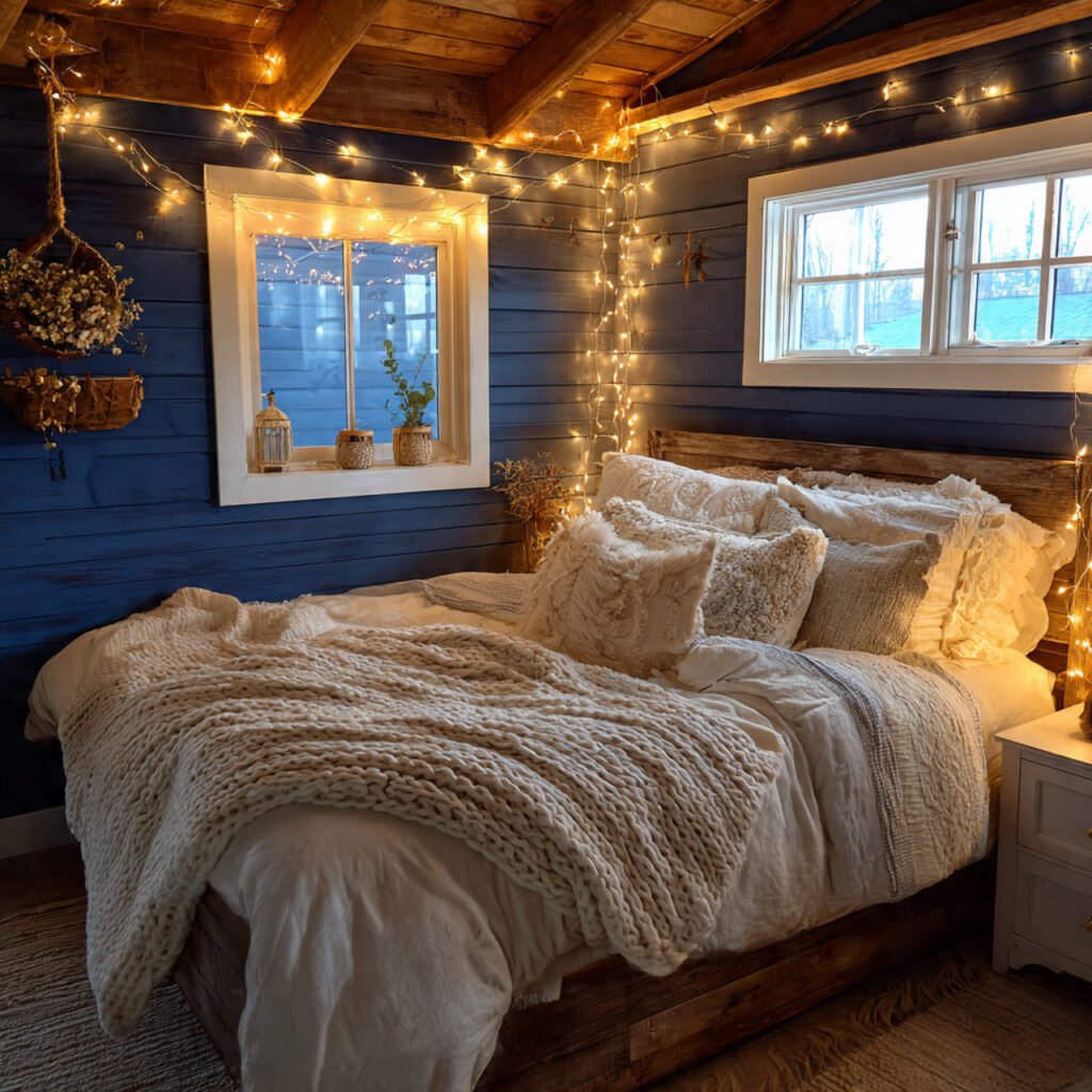 Blue Farmhouse Bedroom with String Lights Ideas