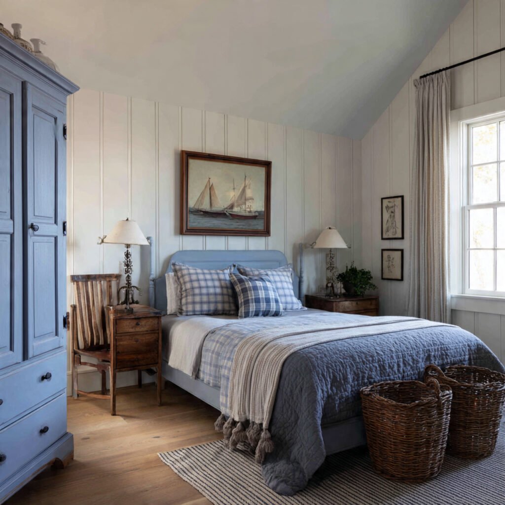 Blue Farmhouse Bedroom with Vintage Furniture Ideas