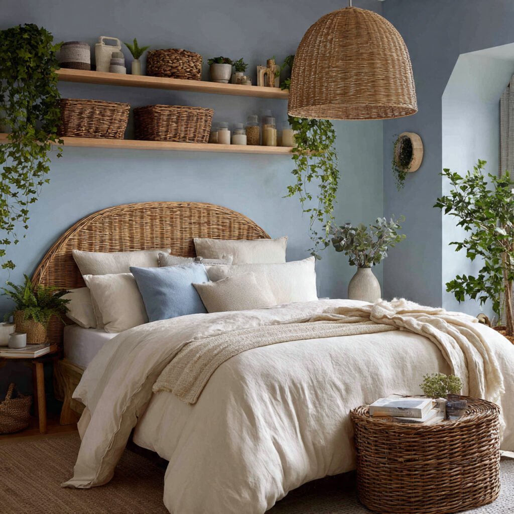 Blue Farmhouse Bedroom with Wicker and Rattan Ideas