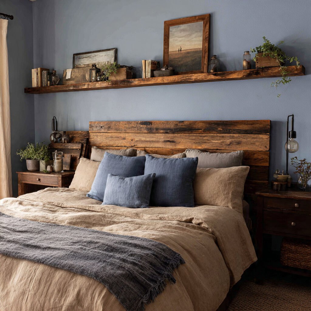 Blue Farmhouse Bedroom with Wooden Accents Ideas
