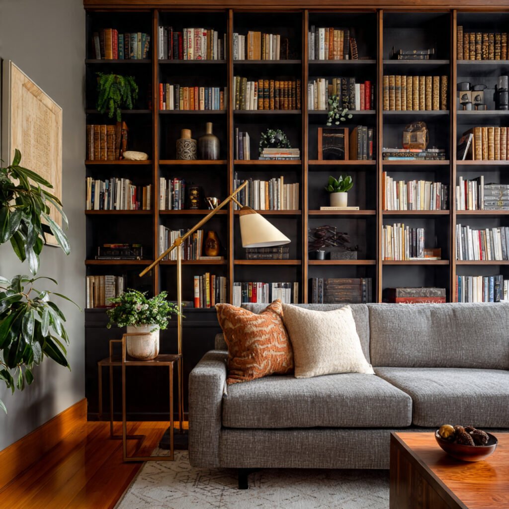 Living Room Layout with Floor-to-Ceiling Shelving
