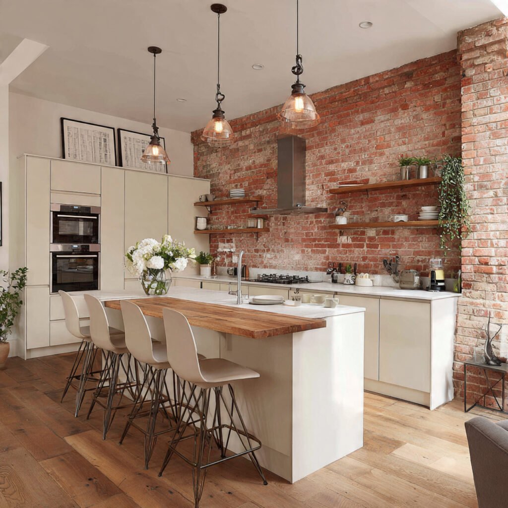 Open Kitchen With Exposed Brick Walls