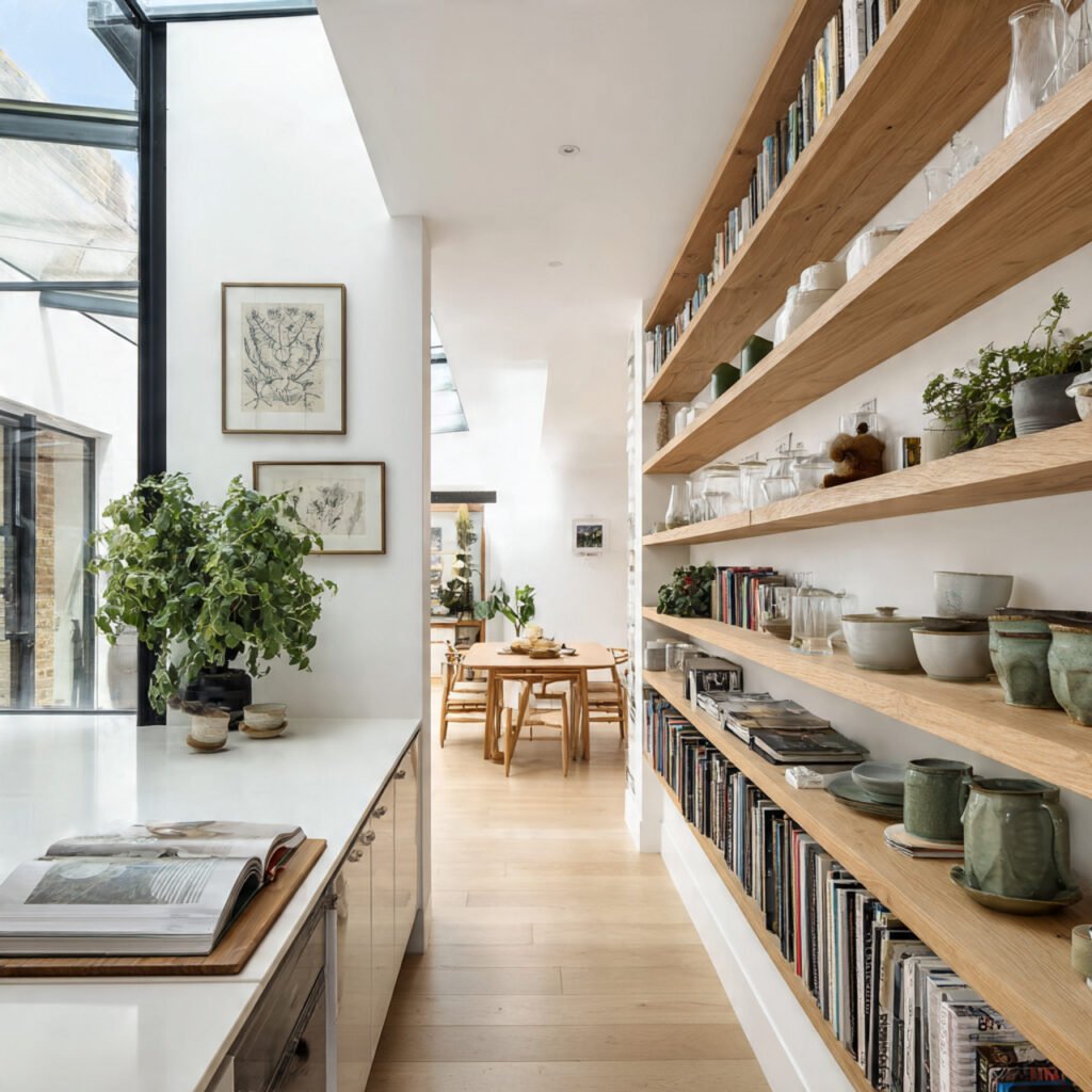 Open Kitchen With Floor to Ceiling Shelving