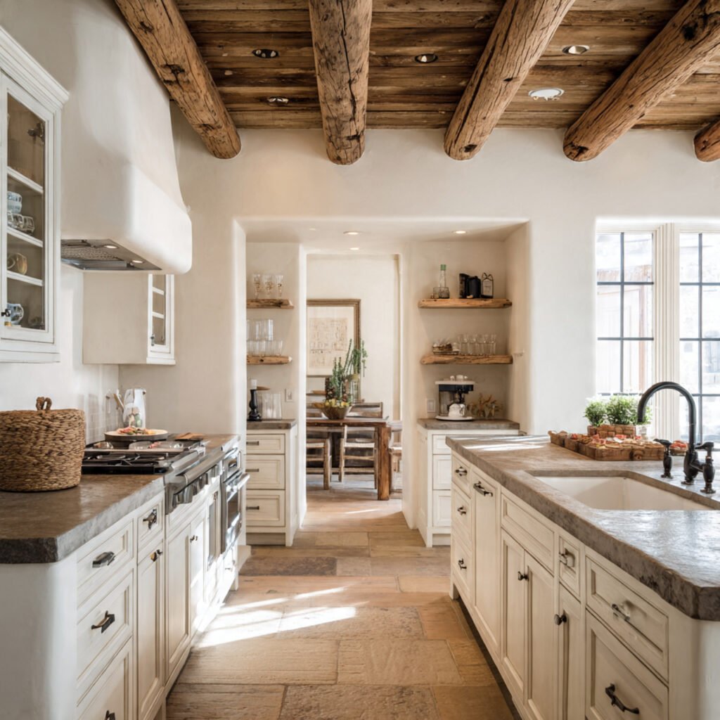 Open Kitchen Design With Wooden Beam Ceilings