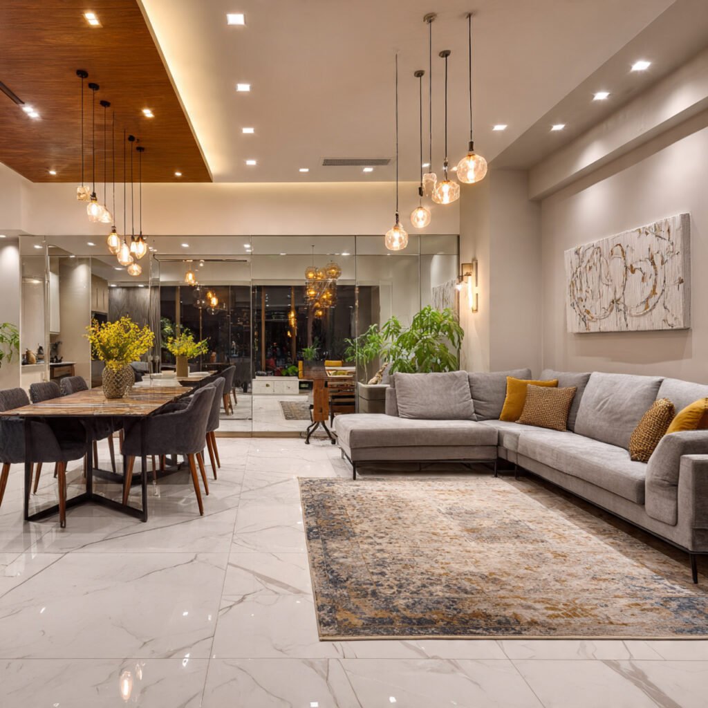 Living Room Layout with Floor-to-Ceiling Shelving